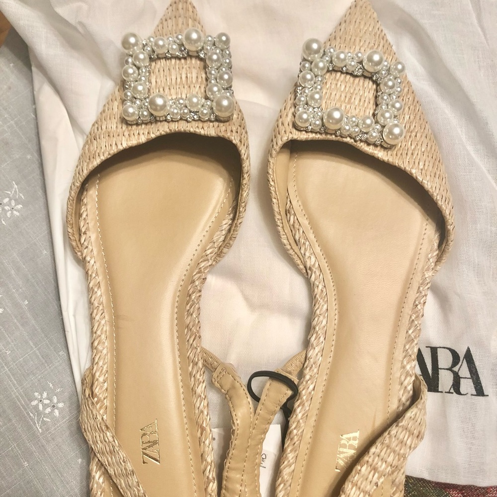 Zara pearl embellished flat slingbacks NWT - Picture 8 of 9